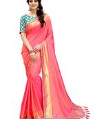 Coral plain silk blend saree with blouse