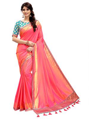 Coral plain silk blend saree with blouse 2