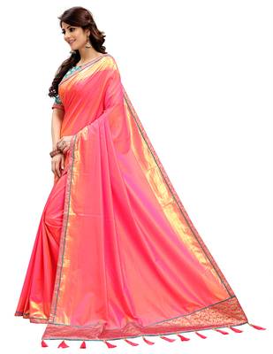 Coral plain silk blend saree with blouse 3