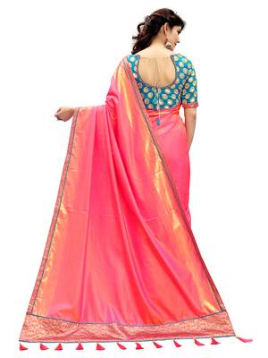 Coral plain silk blend saree with blouse 4