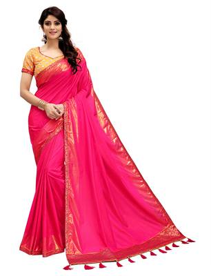 Magenta Plain Silk Blend Saree With Blouse 2
