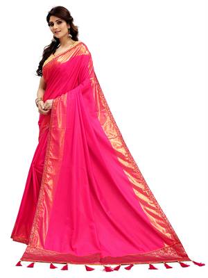 Magenta Plain Silk Blend Saree With Blouse 3