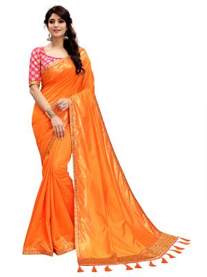Orange plain silk saree with blouse 1