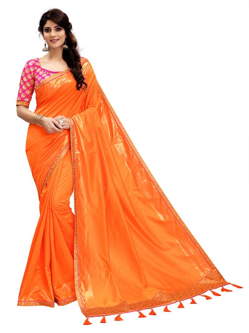 Orange plain silk saree with blouse