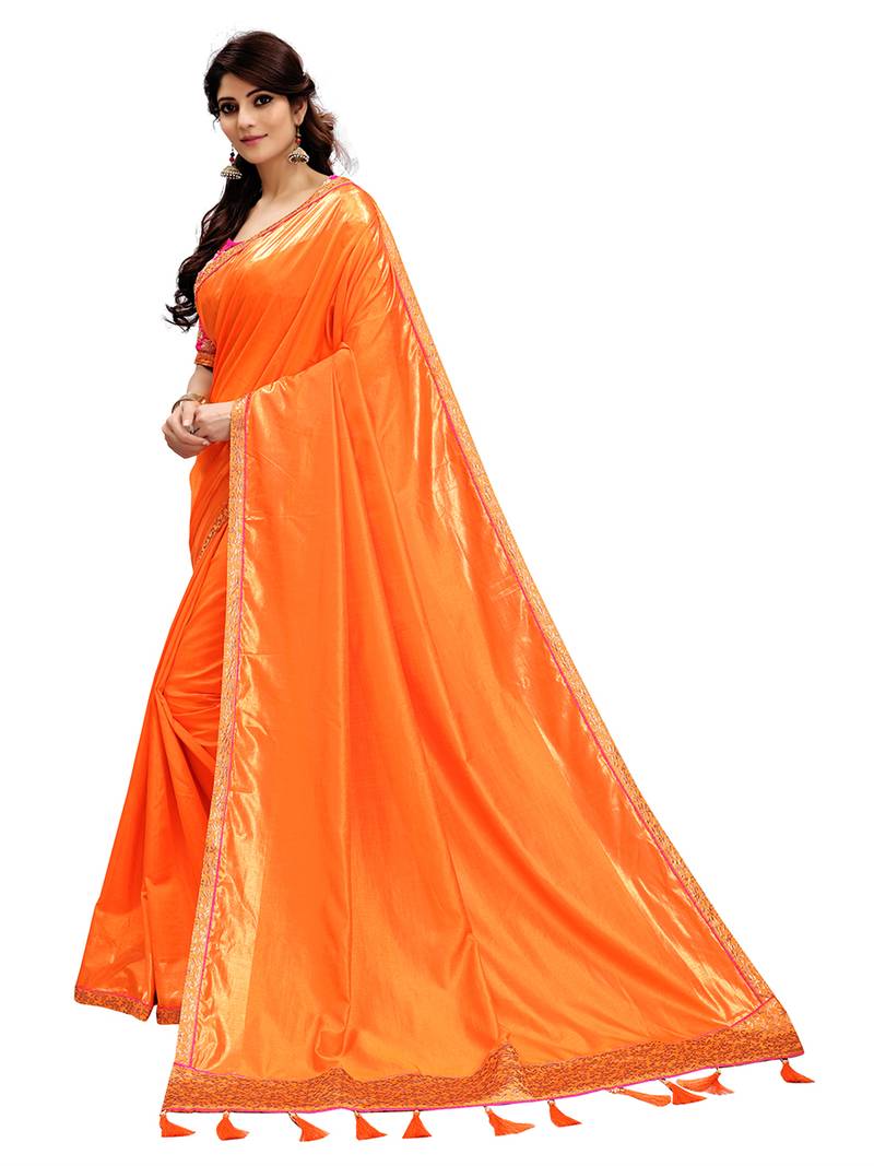 Orange plain silk saree with blouse