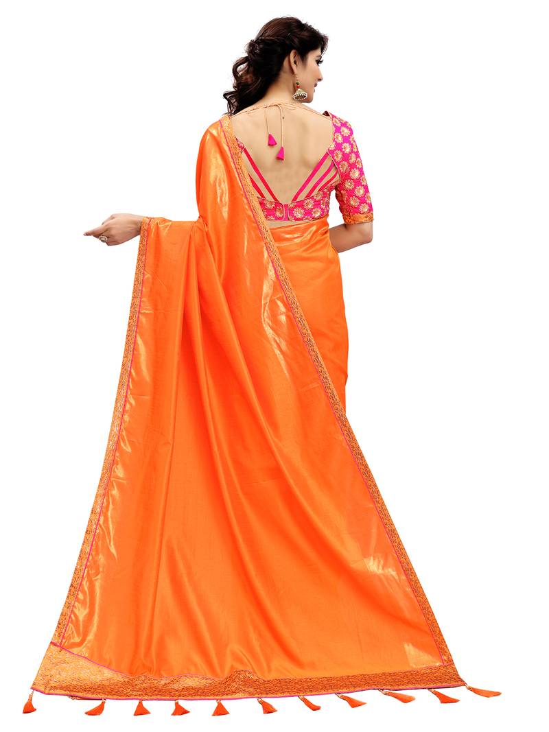 Orange plain silk saree with blouse