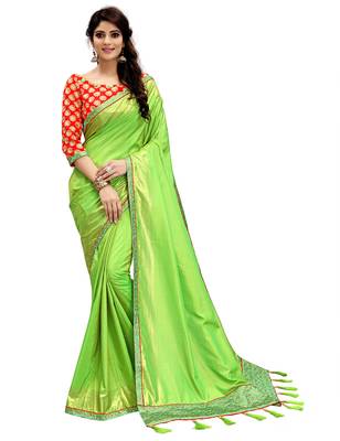 Parrot green plain silk blend saree with blouse 1