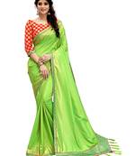 Parrot green plain silk blend saree with blouse