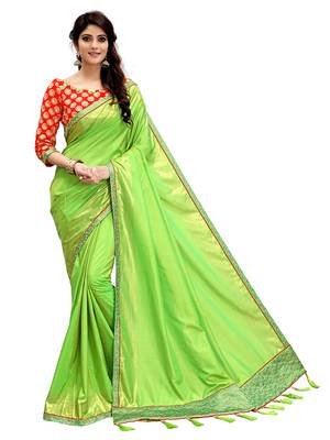 Parrot green plain silk blend saree with blouse 2
