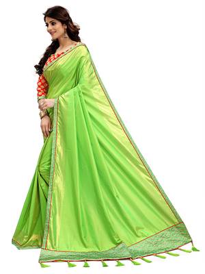 Parrot green plain silk blend saree with blouse 3
