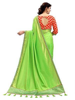 Parrot green plain silk blend saree with blouse 4