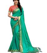 Teal plain silk saree with blouse