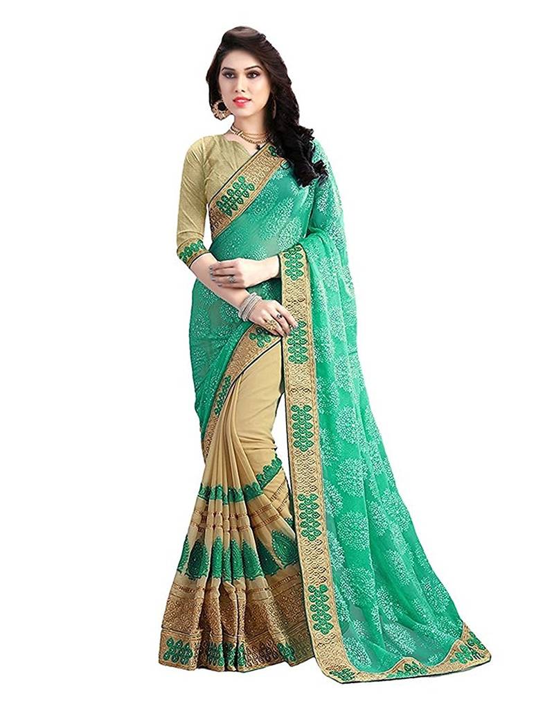 Women's Georgette Green Embroidered Designer Saree With Blouse Piece main image 0