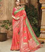 Orange embroidered banarasi silk saree with blouse