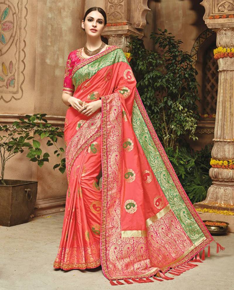 Orange embroidered banarasi silk saree with blouse