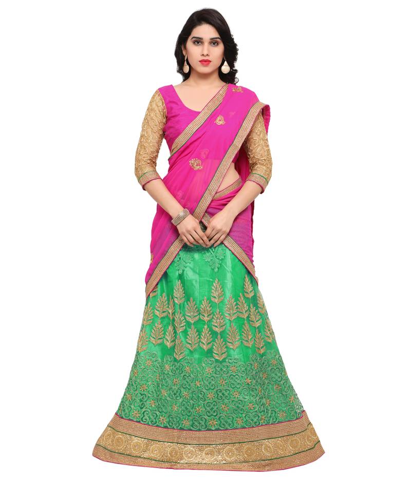 Green embroidered net unstitched lehenga
