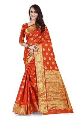 Red printed cotton silk saree with blouse 1