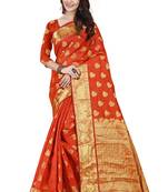 Red printed cotton silk saree with blouse