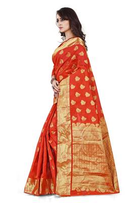 Red printed cotton silk saree with blouse 2