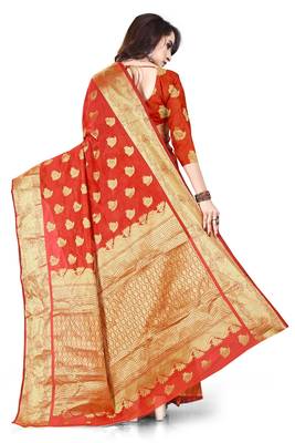 Red printed cotton silk saree with blouse 3