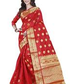 Red printed cotton silk saree with blouse