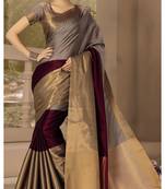 wedding designer Maroon with grey plain silk saree with blouse
