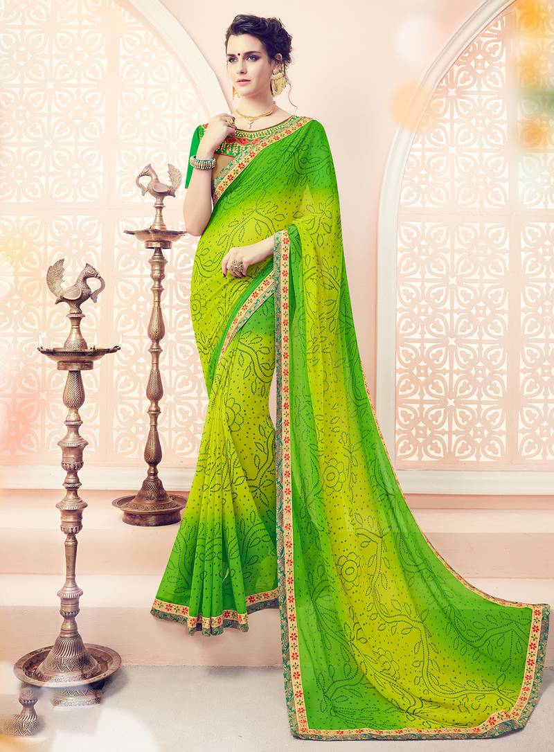 Parrot green printed georgette saree with blouse - Monjolika - 2299552