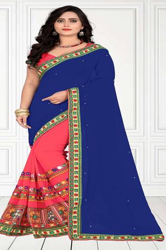 Blue Embroidered Georgette Saree With Blouse