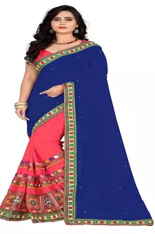 Blue Embroidered Georgette Saree With Blouse