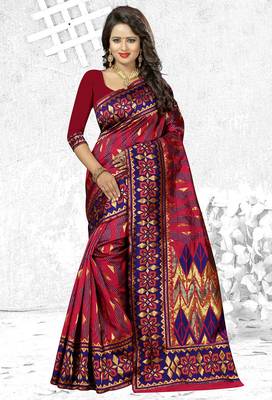 Dark magenta woven banarasi silk saree with blouse 1