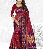 Dark magenta woven banarasi silk saree with blouse