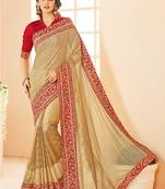 Beige embroidered silk saree with blouse
