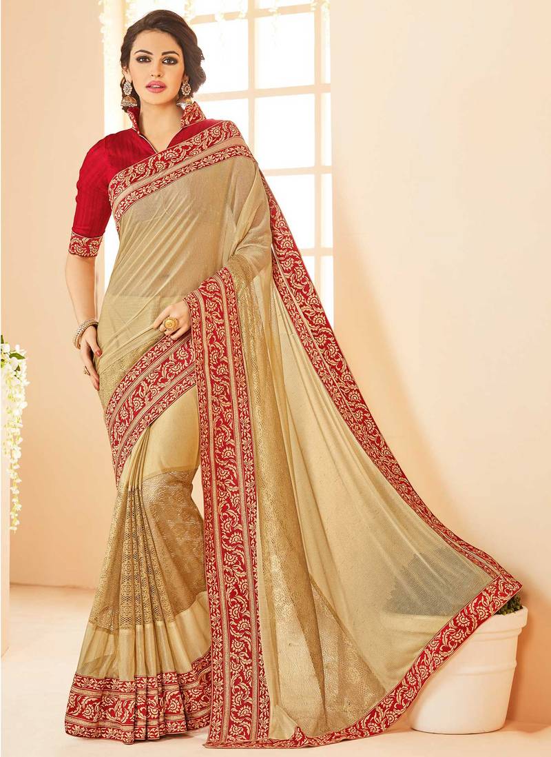Beige embroidered silk saree with blouse