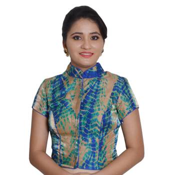 Blue Cotton Silk Printed stitched blouse 1