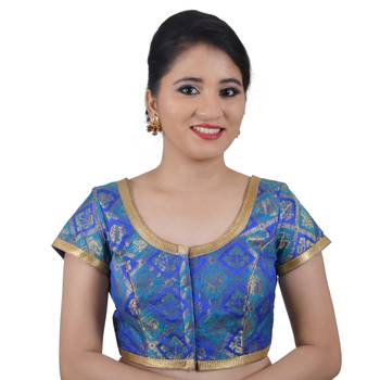 Areum Blue Brocade Jamevar Woven Padded Readymade Saree Blouse Choli 1