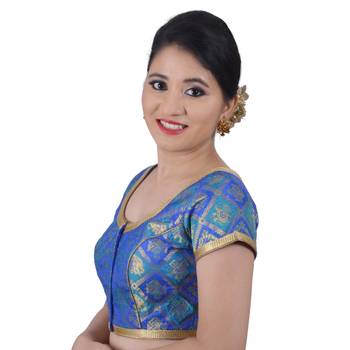 Areum Blue Brocade Jamevar Woven Padded Readymade Saree Blouse Choli 2