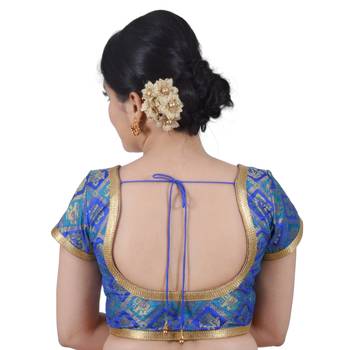 Areum Blue Brocade Jamevar Woven Padded Readymade Saree Blouse Choli 3