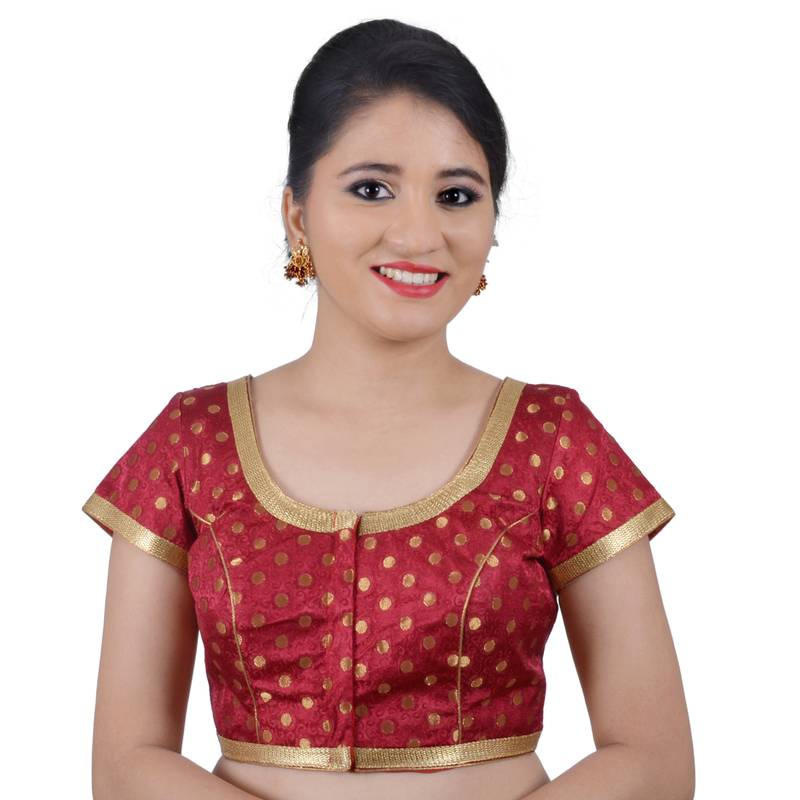 Areum Maroon Brocade Jari Butti Polka Dot Padded Readymade Saree Blouse Choli