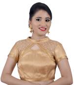 Areum Designer Net Sequence High Neck Gold Brocade Padded Readymade Saree Blouse Choli