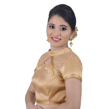 Areum Designer Net Sequence High Neck Gold Brocade Padded Readymade Saree Blouse Choli 2