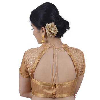 Areum Designer Net Sequence High Neck Gold Brocade Padded Readymade Saree Blouse Choli 3