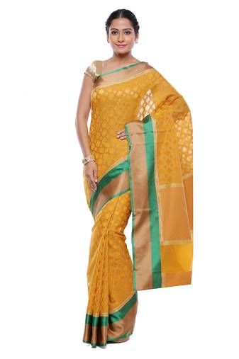 Yellow Embroidered Cotton Saree With Blouse