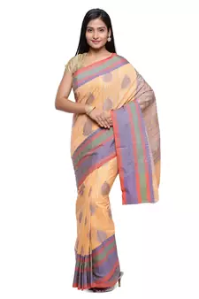 Orange Embroidered Cotton Saree With Blouse