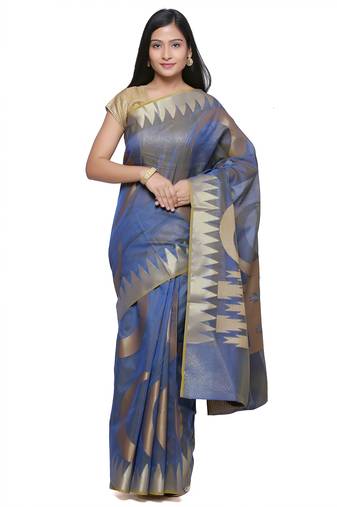 Blue Embroidered Cotton Saree With Blouse