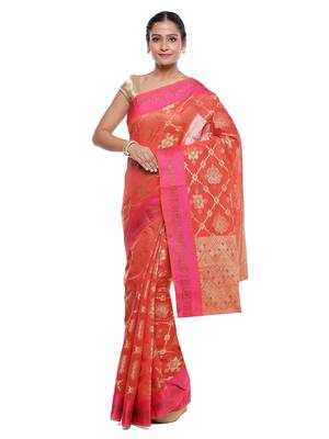 Red embroidered cotton saree with blouse 1