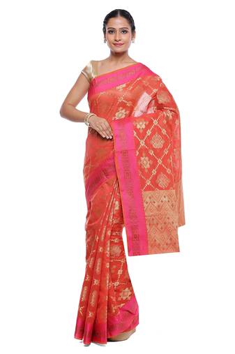 Red embroidered cotton saree with blouse