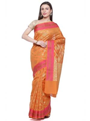 Orange embroidered cotton saree with blouse 1