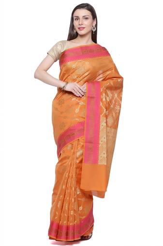 Orange embroidered cotton saree with blouse