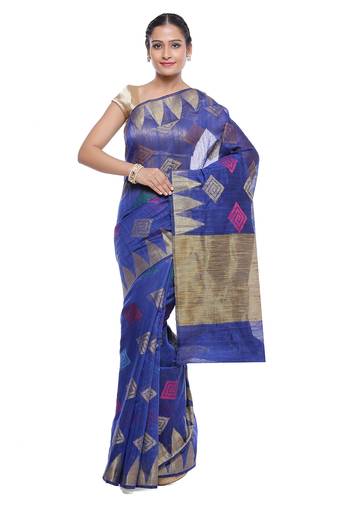 Blue embroidered cotton saree with blouse