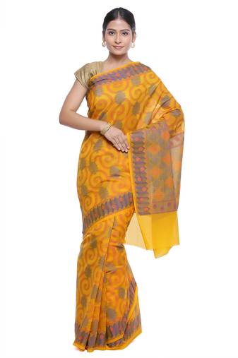 Yellow Embroidered Cotton Saree With Blouse